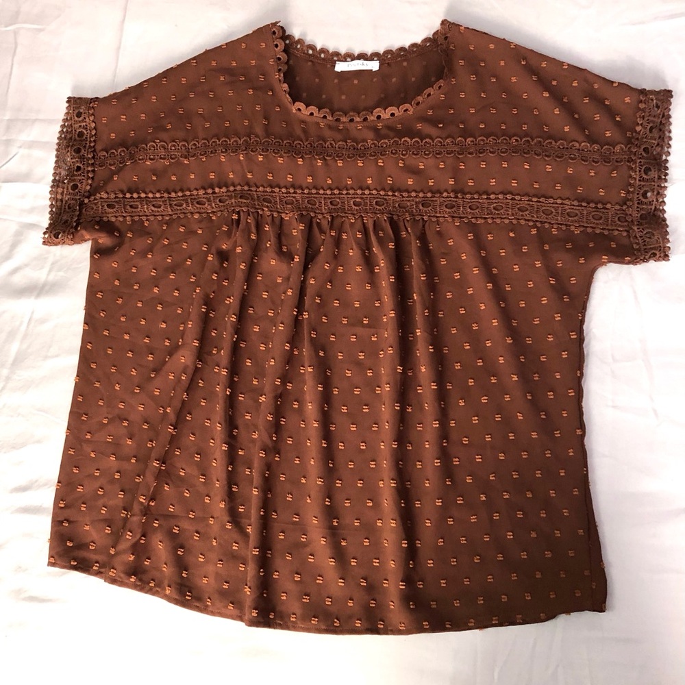Poetsky Brown Women's Blouse with Crochet Lace Detail Size XL Flowy Babydoll